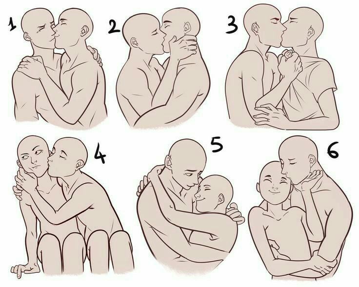 the image shows six different sketches of couples in various intimate poses, including kissing and hugging. the figures are male and nude, with bald heads and simple facial features. the drawings are numbered from one to six and appear to be a study of different poses or a reference for artists.