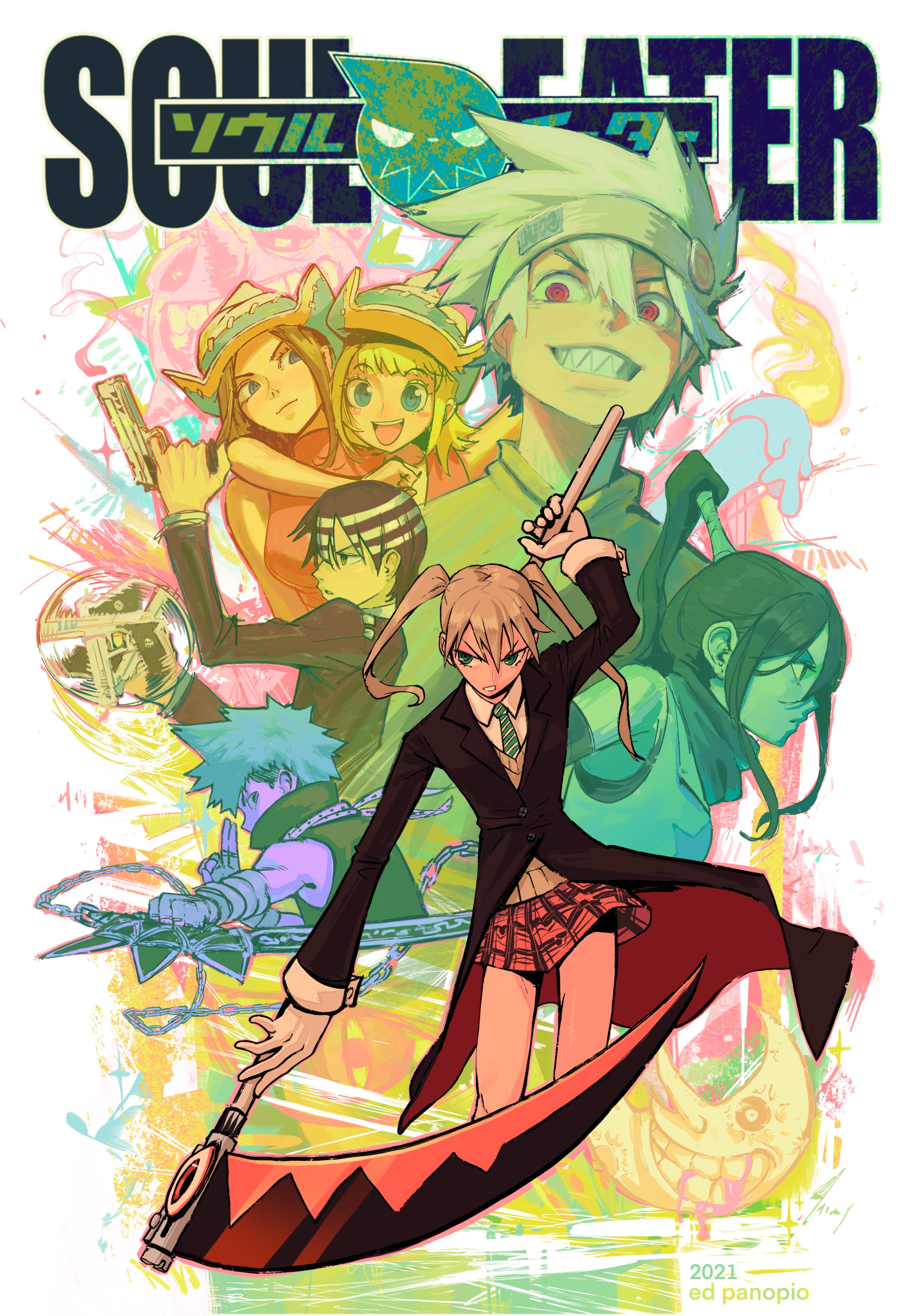 this is a vibrant and dynamic piece of fanart for the anime and manga series soul eater. it features many of the main characters in a chaotic, energetic composition. maka albarn, wielding her scythe, is prominently featured in the foreground. other recognizable characters include soul eater evans, black star, tsubaki, death the kid, liz, and patty thompson.  the style is characteristic of the original soul eater artwork, with bold colors and exaggerated expressions. the background is a whirlwind of color and shapes, further emphasizing the frenetic energy of the scene.  the artist's signature, "ed panopio," and the year "2021" are visible in the bottom right corner. the overall feel is celebratory and evocative of the show's actionpacked and often humorous nature.