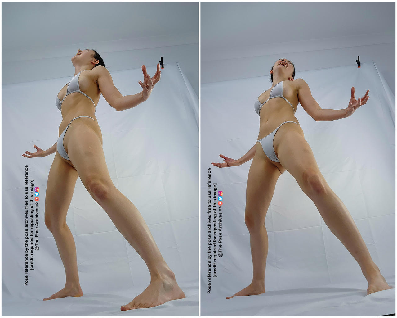 the image shows a woman in a white bikini striking a dynamic pose against a white background. she is captured twice in the same pose from slightly different angles. the woman is looking upwards with her mouth open, suggesting a sense of joy or excitement. her arms are outstretched, and one leg is extended forward, creating a sense of movement and energy. the overall impression is one of dynamism and expressiveness.