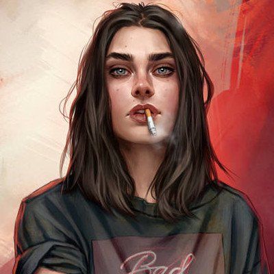 a realistic digital illustration of a young woman with long dark hair. she's wearing a dark green tshirt with a graphic on it. she is smoking a cigarette and has a moody expression on her face. the background is a blend of red and white tones, adding to the overall edgy feel. the lighting is soft and appears to be artificial.