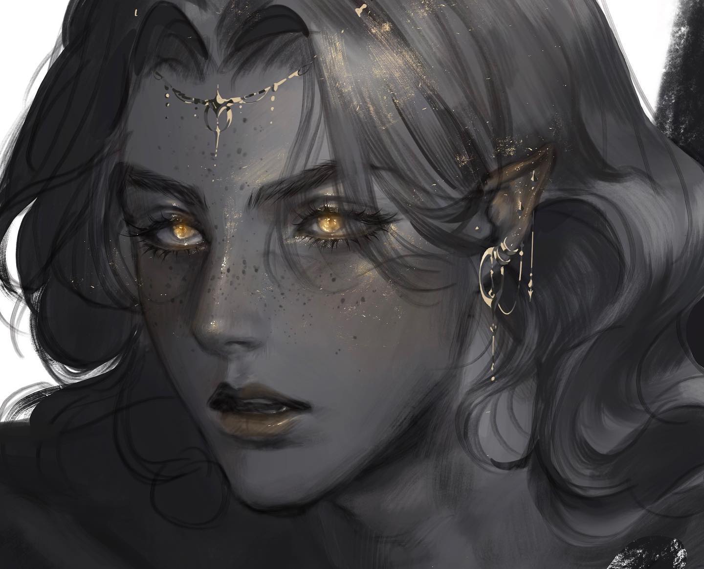 this is a closeup illustration of a female character with elflike features, including pointed ears. her hair is long and dark, styled in soft waves, and she wears delicate jewelry with crescent moon motifs. her eyes are striking, with golden irises that stand out against the grayscale palette.  the overall aesthetic is ethereal and evocative of fantasy settings.