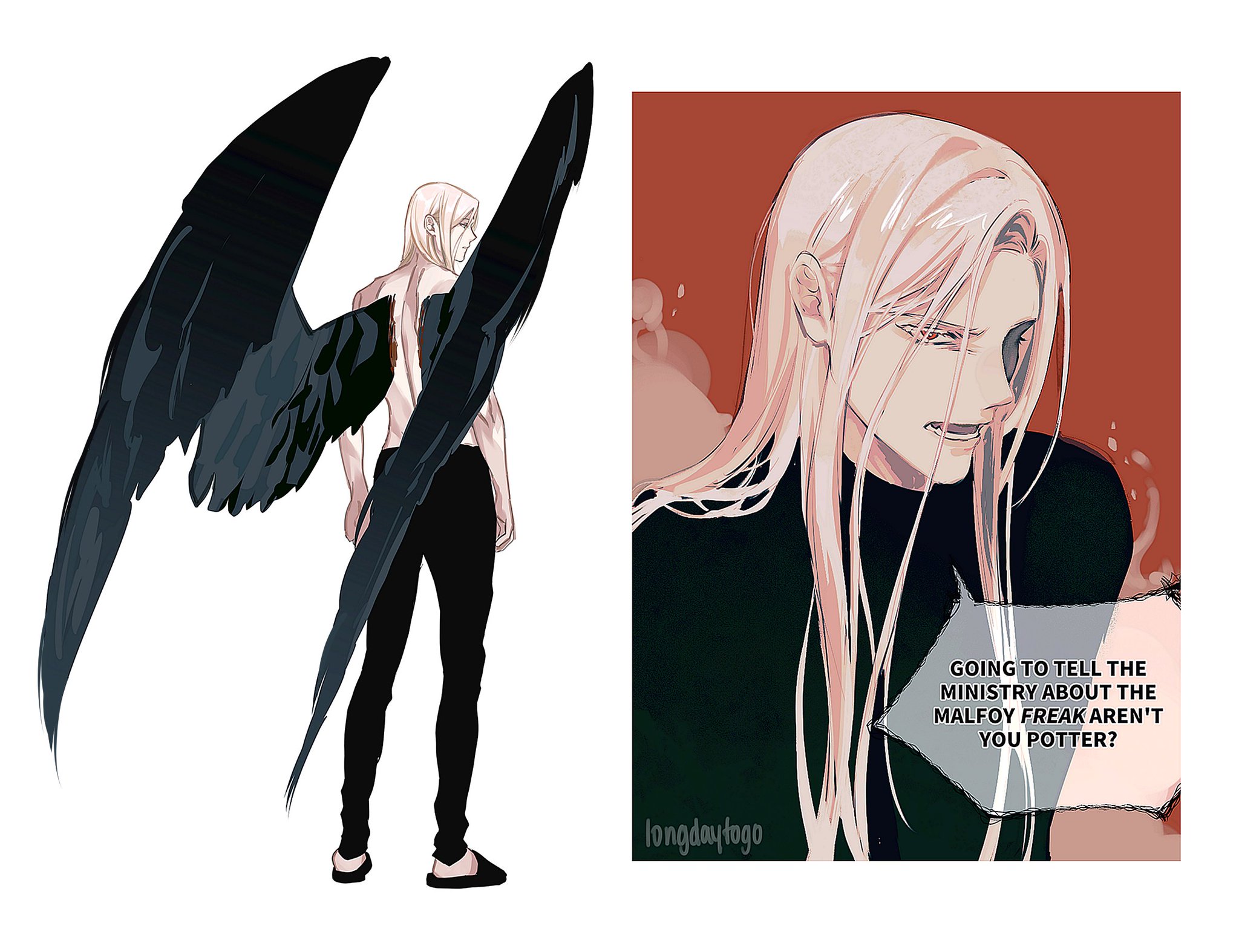 the image is a digital artwork featuring a split depiction of a character.  on the left, a fullbody, backview illustration shows a slender man with long, blonde hair and large, dark, feathered wings. he's wearing dark pants and appears somewhat androgynous. on the right, a closeup, sideview illustration portrays the same character's face, showing an angry or frustrated expression. this panel includes a speech bubble containing dialogue that references "the ministry," "malfoy," and "potter," suggesting a story possibly inspired by the harry potter universe. the artistic style is reminiscent of manga or anime, with a focus on sleek lines and a dark, somewhat gothic color palette. the artist's signature, "longdaytogo," is subtly placed on the right.