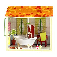the image shows a dollhouse bathroom scene. there is a white bathtub with claw feet in the center, a potted plant next to it, and a red rug on the floor. a red dressing gown hangs near a window. two bottles of shampoo are on the floor. behind the bathtub, there is a red chair with a vanity and mirror. the wall is tiled and has green curtains. the dollhouse has a colorful roof.