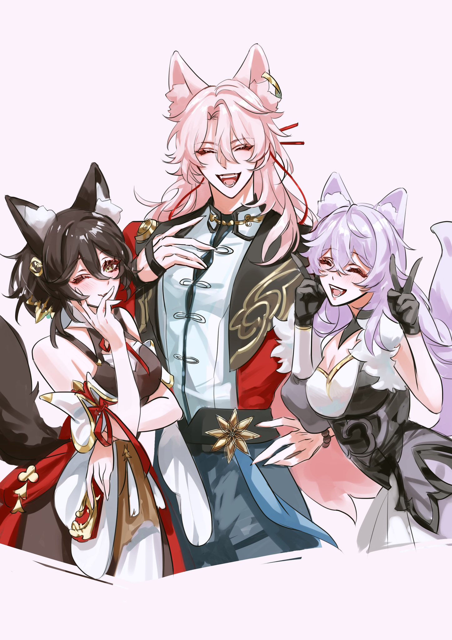 the image shows three anime characters, two female and one male, standing sidebyside. the two female characters are standing on either side of the male character and all three are smiling. all three characters have cat/fox ears. the female character on the left has black hair with cat ears, the female character on the right has long, white hair with fox ears, and the male character has long pink hair with fox ears. the two female characters are wearing colorful, long dresses, while the male character is wearing a black and red kimono. the image is set against a white background. the image appears to be an illustration or drawing.