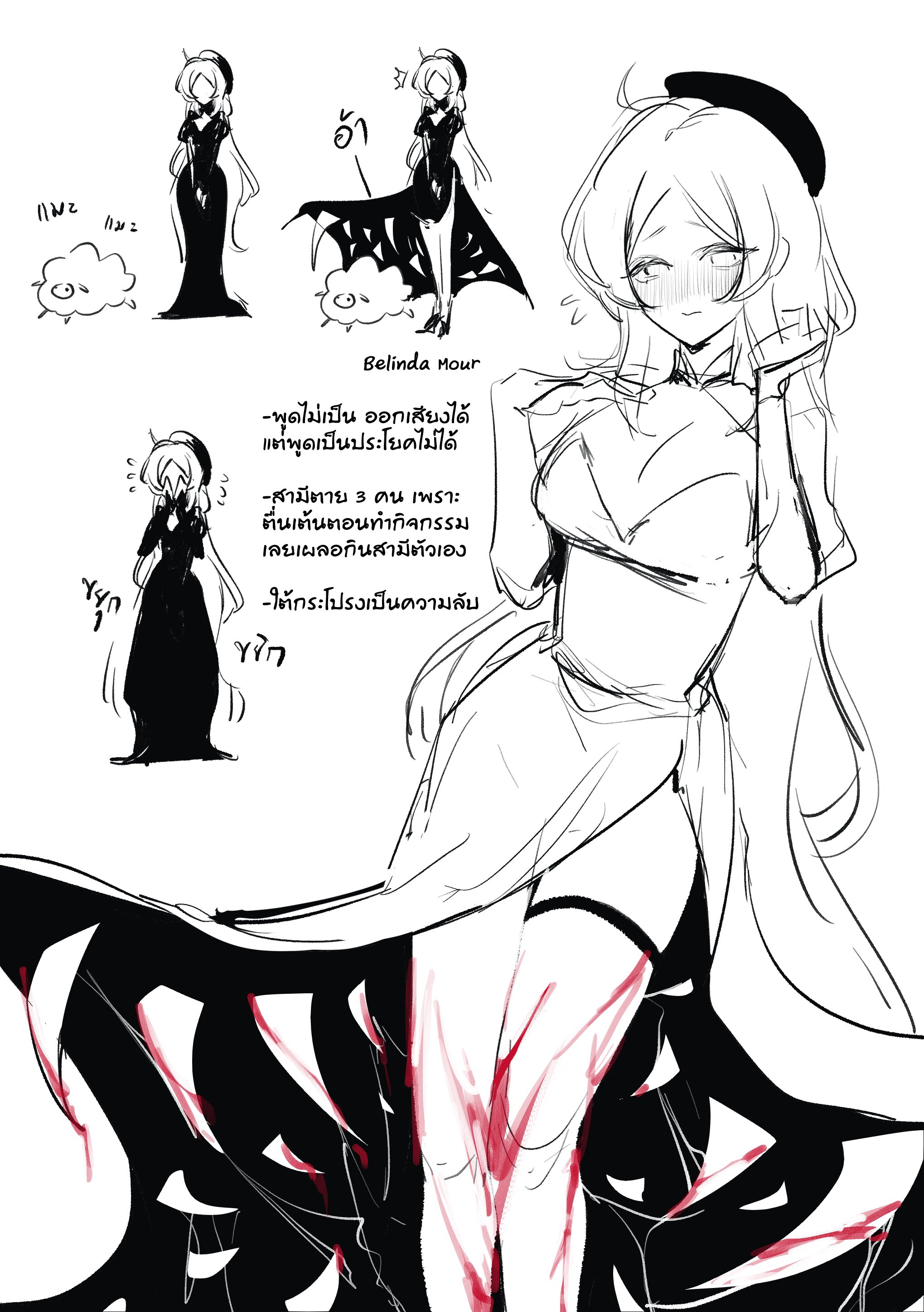 this is a digital drawing of an anime girl. she has long black hair and is wearing a white dress with a black shirt underneath. she is standing in a pose that suggests she is about to attack. there is blood on her arms, and there is a text box that says "belinda mour". the text box also contains details about the character.