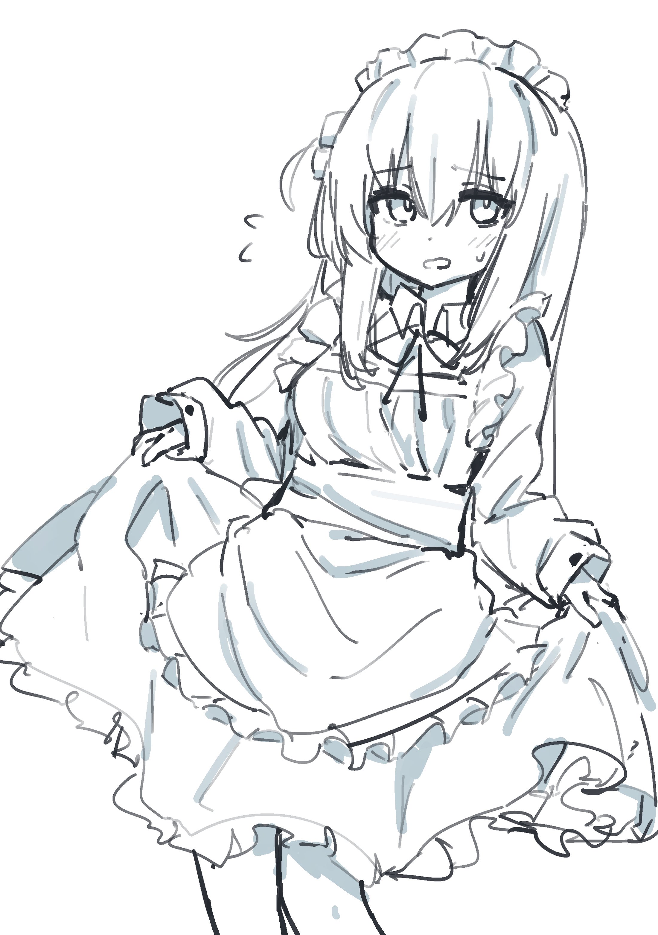 a black and white sketch of an animestyle girl dressed in a maid outfit. she has long hair, and her expression is shy or worried. the drawing is simple, with loose lines and shading. the girl's dress is detailed with frills and lace.