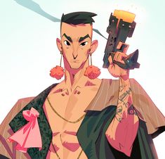 a stylized illustration of a man from the waist up. he has short black hair and stylized asian features. he is shirtless and wearing an open jacket with puffy pink flower earrings, a pink bow on his left lapel, and a gold chain. he holds a futuristic black and yellow gun in his right hand with a small black cat figure attached to it.  the background is a pale blue and white gradient. the style is graphic and angular.