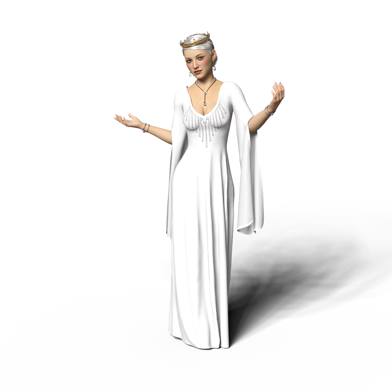 a digital rendering of a fairskinned woman wearing a white gown and crown stands against a black background with her arms outstretched. she is also wearing a necklace and bracelets.