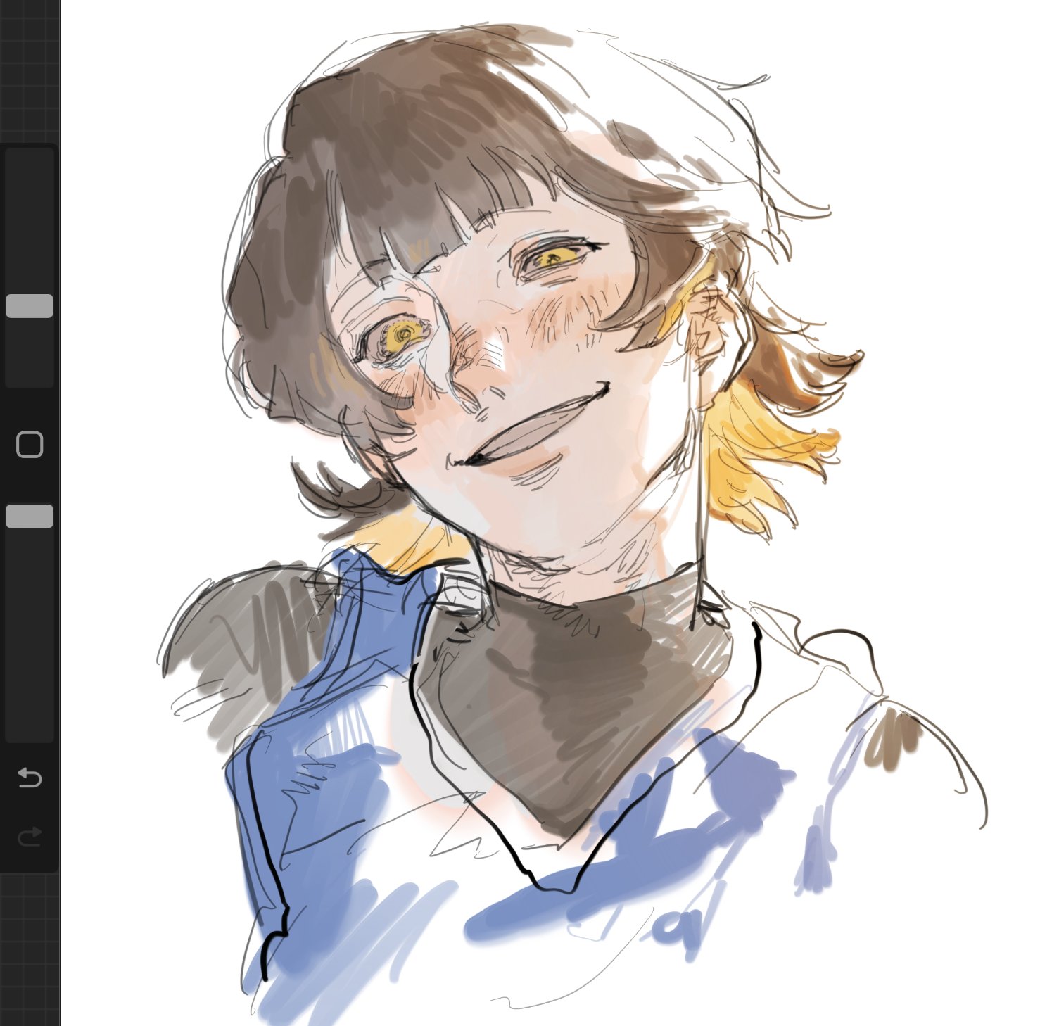 a digital drawing of an anime girl with a smile on her face. she has short brown hair with a blonde streak, and is wearing a blue and white shirt. the background is white.