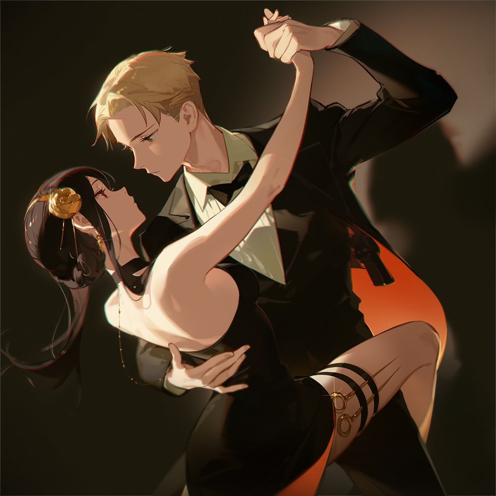 an animestyle illustration depicting loid forger and yor forger from spy × family dancing a tango. yor is wearing a long black dress with a garter and a rose hair ornament, while loid is wearing a black suit with a gun. they are looking at each other.