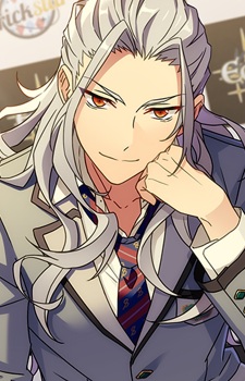 a closeup image shows a whitehaired male anime character with orange eyes, wearing a grey school uniform blazer and tie, and resting his head on his hand with a slight smile.