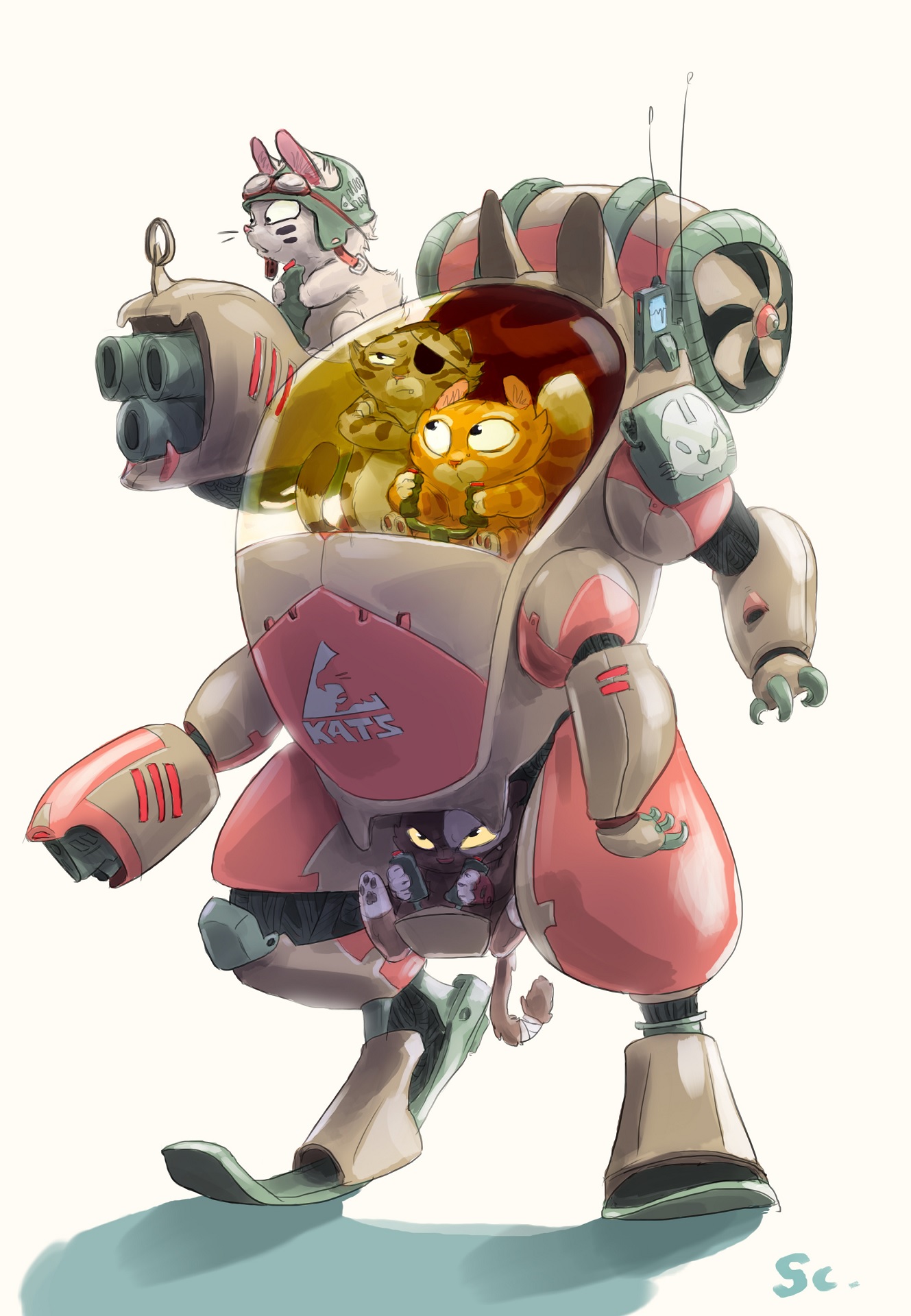 a group of cats are piloting a mecha. the mecha is pink and white, with a large, transparent cockpit in the chest. the cats inside the cockpit are all wearing helmets and have determined expressions on their faces. one cat is operating the mecha's weapons, while another is looking out of the cockpit. the mecha is walking forward with a determined stride.