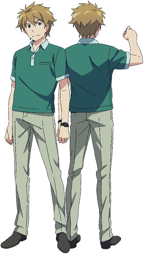 the image shows a cartoon male anime character wearing a green shirt, gray pants, and black shoes. he is standing in a side view and back view position. he has light brown hair.