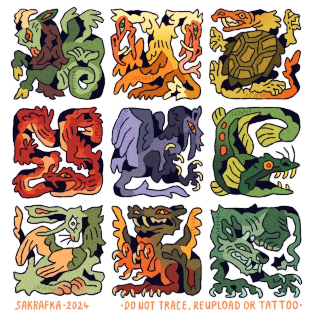 he image is a digital illustration featuring a grid of nine unique fantasy creatures. each creature is rendered in a stylized, almost cartoonish manner with bold outlines and vibrant colors. the creatures are a mix of dragons, reptilian forms, amphibians, and avian elements, all presented with distinctive designs and color schemes.  the artwork is signed with "sakrafka2024" and includes a copyright notice requesting not to trace, reupload, or tattoo the artwork.  the overall style is reminiscent of tattoo flash sheets or children's book illustrations.