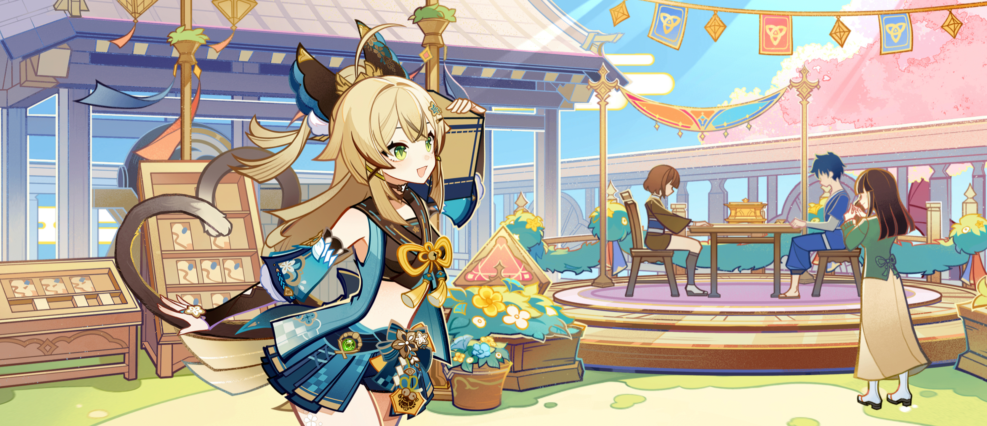 this image is a vibrant and colorful illustration depicting a scene from an anime. in the center is a young girl with cat ears, dressed in a beautiful kimono. her expression is cheerful, and she appears to be holding something in her hand. her outfit is adorned with intricate patterns and colors, and she is surrounded by a beautiful setting, likely a japaneseinspired restaurant or cafe.  the table and chairs in the background suggest that she is enjoying a meal or drink with her friends. the scene is bathed in warm sunlight, with flowers and greenery adding to the overall charm of the image. the use of bright colors and dynamic lines gives the image a sense of energy and movement.