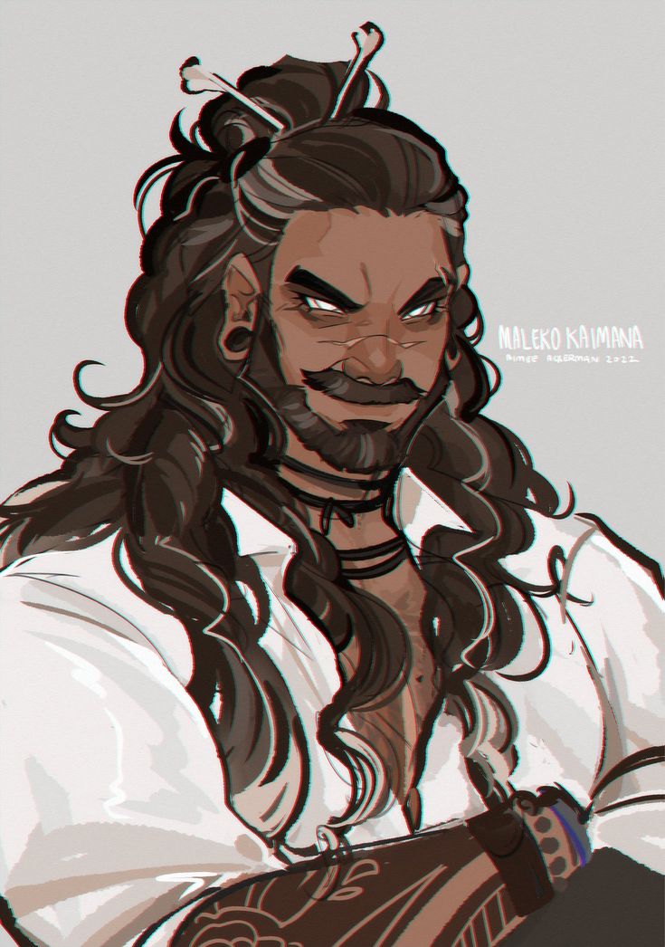 a digital illustration of a man with long, brown hair pulled back in a ponytail with bone hair clips. he has a dark beard and mustache, and wears a white buttondown shirt with a black choker around his neck. the man has several earrings in his left ear, and the side of his face and wrist are tattooed. he looks directly at the viewer with a serious expression. the background is plain and gray. the image is titled "maleko kaimana" and includes the artist's name and the year of creation.