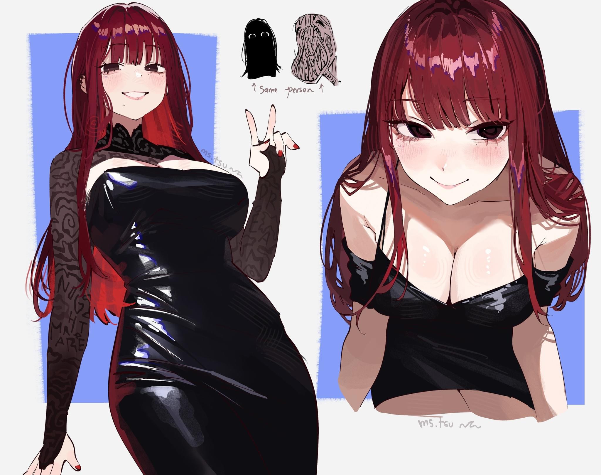 the image showcases two perspectives of an animestyle female character.  the first shows her full body in a black, shiny, offtheshoulder dress, displaying a confident pose with a peace sign. her long, crimson hair is styled with straight bangs. the second perspective provides a closer, lower angle, emphasizing her chest and expression.  the background features a light blue square, and small sketches illustrating that both images depict the same person in different styles.  the artist's signature, "ms.tsu.nee," is visible in both images. the overall style is vibrant and suggestive, leaning toward a mature and stylized artistic expression.