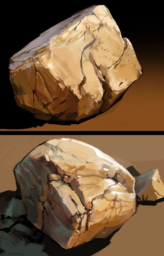the image shows two digital illustrations of a large, light brown rock with cracks and fissures. the rock in the top image is shown in a slightly darker setting against a dark brown background. the rock in the bottom image is shown in a lighter setting against a light brown background and with a smaller piece of broken rock. the rocks are depicted with a realistic style, emphasizing the textures and details of the stone. the lighting in both images suggests a natural, outdoor setting.