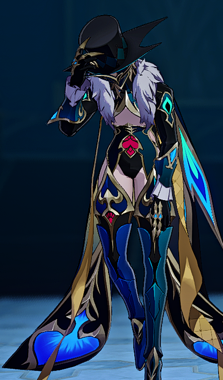 this is a digital illustration of an anime character with long, flowing hair. she is wearing a black and blue outfit, with golden trim and accents. the character is wearing a large hat that covers her face, which she is holding up. she is standing with one leg slightly bent and her wings spread out. the background is a dark blue, which creates a sense of mystery. the character has a very elegant and powerful aura.