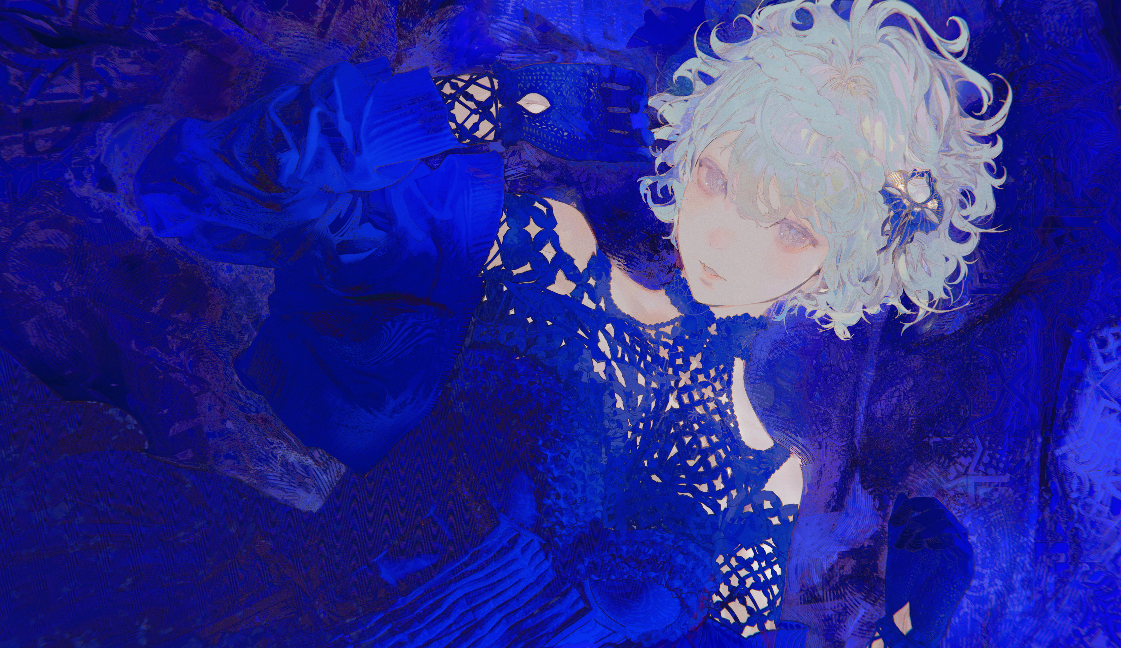the image is a digital painting or illustration of an animestyle girl.  she has short, curly white hair and is wearing a dark blue dress with intricate lace or crocheted detailing. the dress has a slightly gothic or romantic feel. she also wears dark blue gloves with a netlike pattern. the background is a textured, abstract swirl of deep blues, creating a moody and mysterious atmosphere. the overall style is artistic and painterly, with a focus on texture and color. the girl's expression is somewhat ambiguous, contributing to the enigmatic mood of the piece.  the perspective is a slightly elevated overhead shot, looking down on the girl.