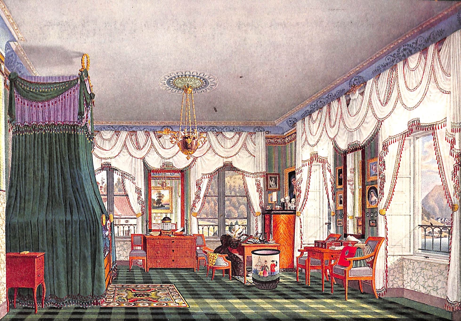 the image is a historical interior design illustration of a bedroom. it features a fourposter bed with green and purple drapes, a chandelier hanging from a decorative ceiling medallion, and ornate curtains framing the windows. the room is furnished with a dresser, desk, chairs, and a small table. the walls are decorated with paintings and portraits. the floor has a green checkered pattern with a rug. there is a landscape view visible through the windows.