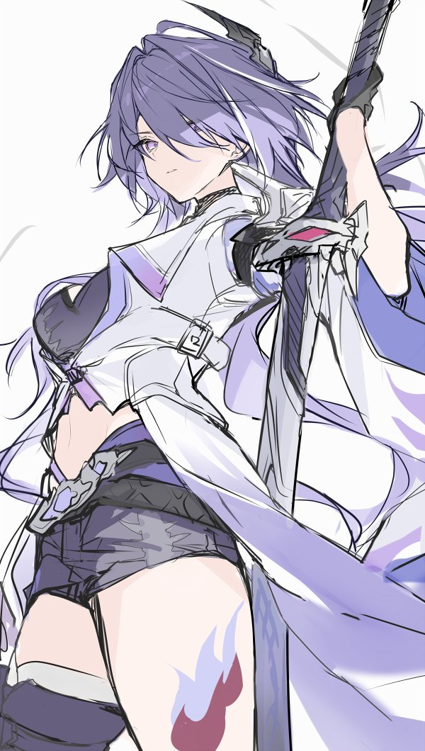 an anime girl with purple hair stands in a confident pose while wielding a large sword. she is wearing a white, purple, and black outfit, and her expression is one of determination. the image has a soft lighting and is drawn from a worm's eye view, giving the character a sense of power and dominance.