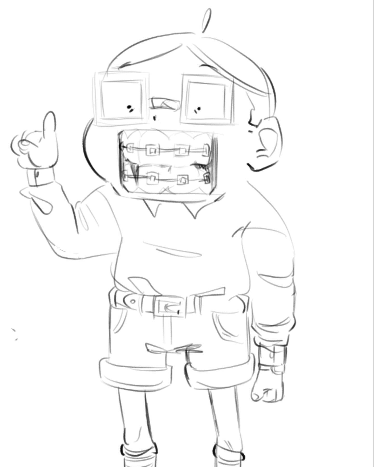 a whimsical, sketchy cartoon drawing of a boy. he's wearing glasses, braces, and shorts. his posture is slightly hunched over and he's pointing with one hand. the style is loose and expressive, with visible pencil strokes. the overall impression is friendly and slightly quirky.
