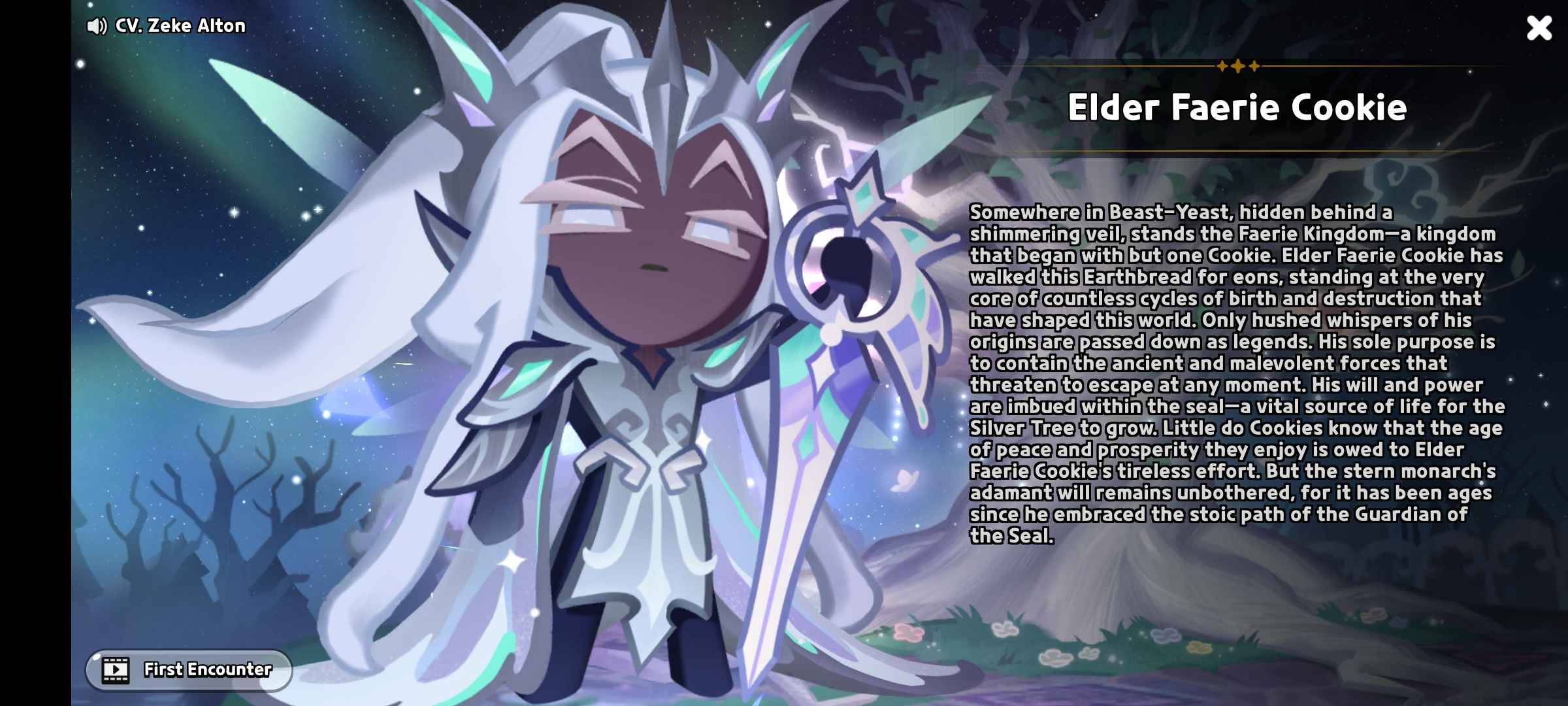 the image is a screenshot from the mobile game cookie run: kingdom, showcasing the character elder faerie cookie. the character is dressed in white and silver attire with a stern expression. the text next to the character's image provides a description of elder faerie cookie's role and history within the game's lore. the screenshot also includes the character's voice actor's name, zeke alton, and a "first encounter" button, suggesting this is an introduction to the character. the background features a starry sky and ethereal trees, enhancing the fantasy theme.