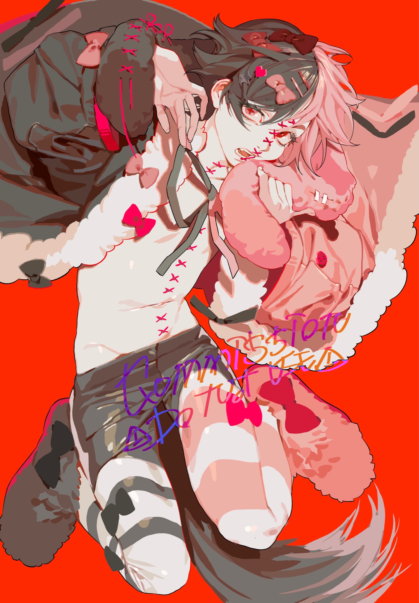 an anime character is in the image, hugging a pink bunny plush. the character is male, shirtless, and has stitched skin. his hair is mismatched between pink and gray. there are ribbons and stripes on his socks. the background is red.