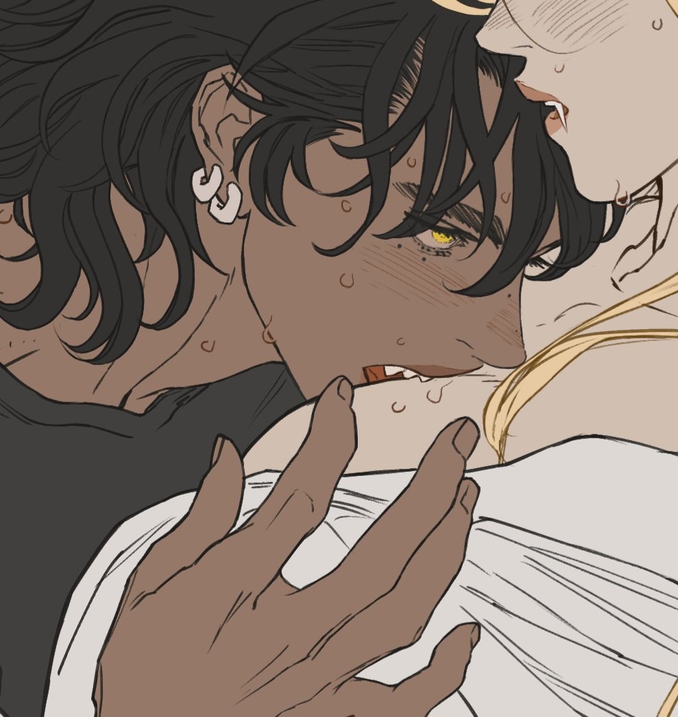 the illustration depicts a darkhaired vampire biting the neck of a fairhaired person in an intimate, romantic scene. the vampire has dark skin, black hair, and yellow eyes, and is wearing earrings. the person being bitten has fair skin and blonde hair. the scene is charged with eroticism and sensuality, emphasized by the sweat droplets on the characters' skin. a dark hand is also seen holding the person being bitten.