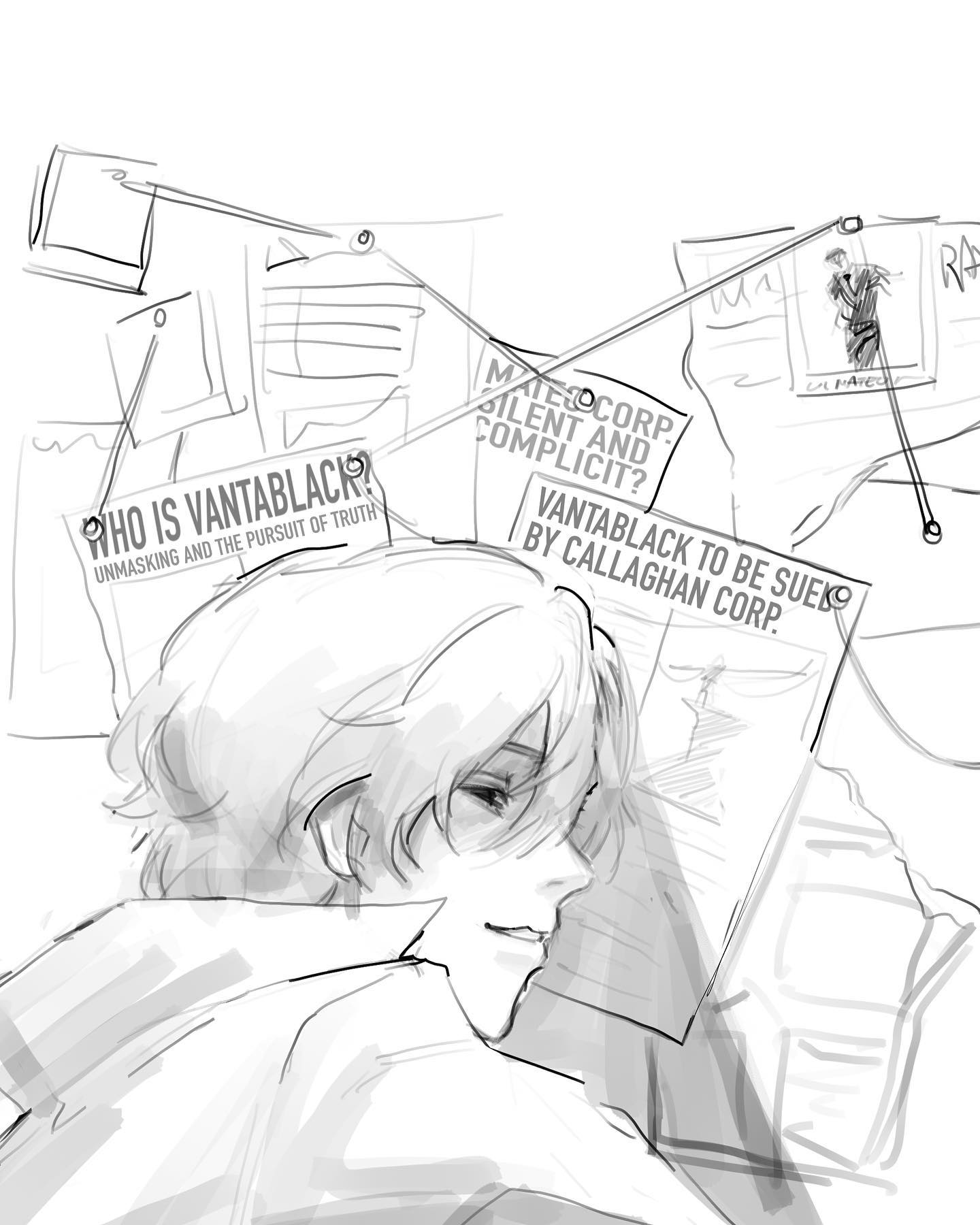 the image is a black and white sketch of a young man with messy hair, seemingly pleased while surrounded by papers and a conspiracy board.  he's the focus, with the background elements slightly out of focus to emphasize his expression. the papers suggest he's researching a corporation called "mateocorp" and an individual named "vantablack", hinting at a deeper investigation. the keywords on the board point towards a potential corporate conspiracy or a hidden truth the young man is trying to uncover. the overall mood is one of intrigue and suspense.