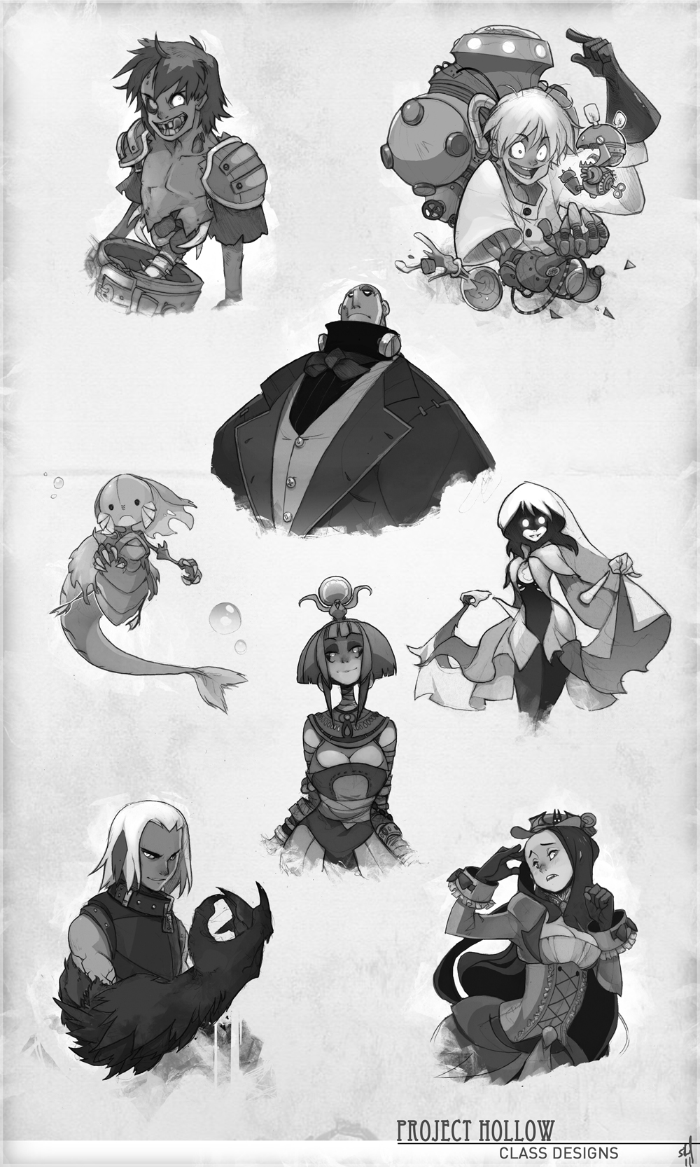 the image showcases eight distinct character designs, rendered in grayscale, likely for a video game or similar project titled "project hollow."  each character embodies a unique aesthetic, ranging from a menacing figure with a clawed arm to a more ethereal, ghostly woman. the art style leans towards a whimsical yet slightly macabre sensibility, suggesting a fantasy setting with a darker undertone.