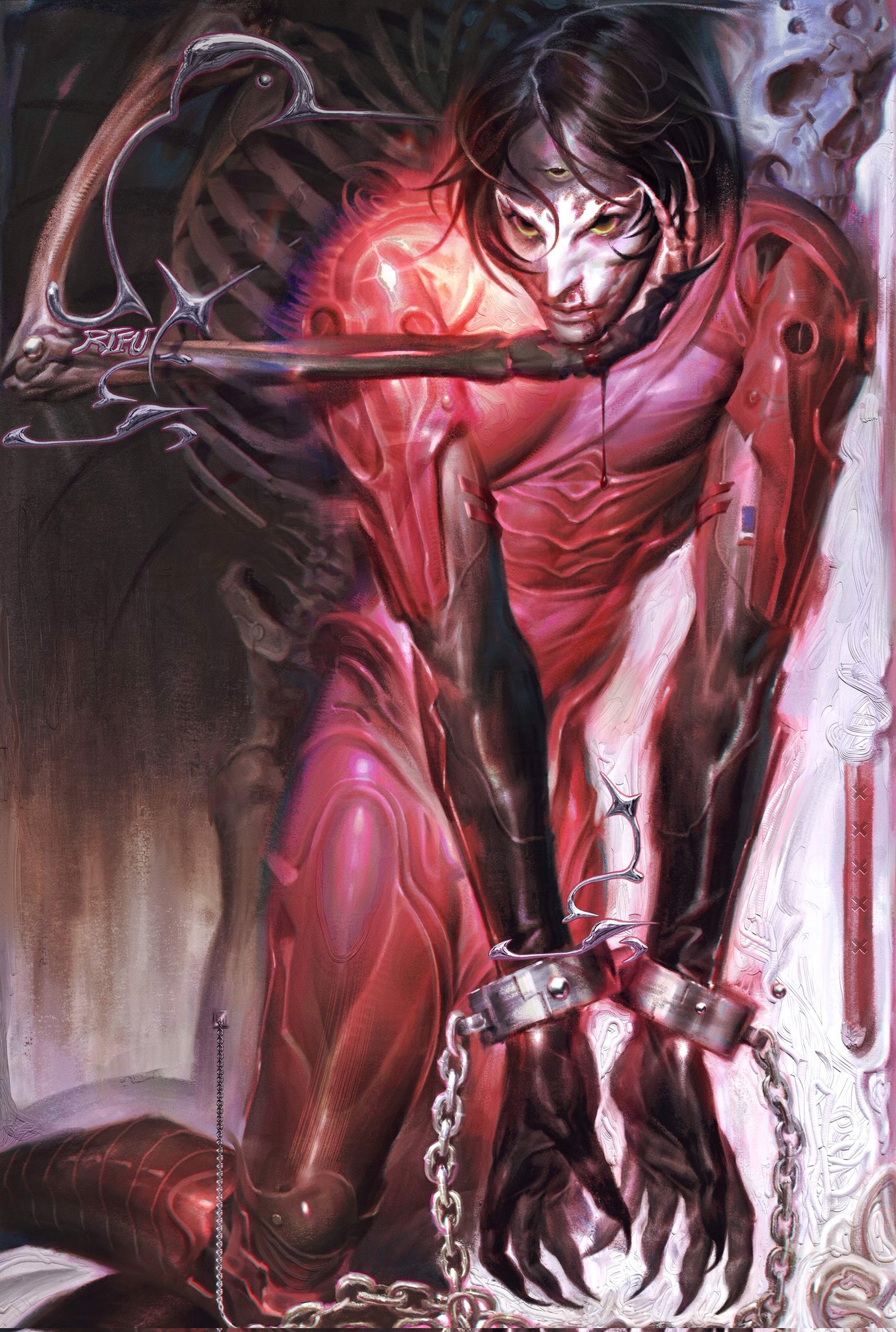 the image is a striking digital painting or illustration in a dark fantasy or cyberpunk style. it depicts a female figure, possibly an android or cyborg, with biomechanical features. she is clad in a red and pink, formfitting suit that seems to be both organic and metallic.  her hands are clawed, and she is bound by heavy chains and shackles. her expression is intense and somewhat pained. the background is complex and somewhat abstract, featuring skeletal elements and other vaguely defined shapes, suggesting a decaying or dystopian environment.  the overall mood is dark, mysterious, and powerful, with a strong emphasis on texture and detail. the color palette is predominantly red and dark tones, creating a feeling of intensity and foreboding. the art style is expressive and richly detailed, combining elements of surrealism and gothic imagery.