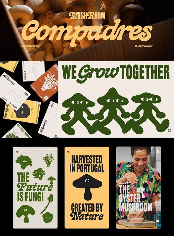 the image showcases branding and packaging for a mushroom company called "compadres."  it features a warm color palette with illustrations of mushrooms and the tagline "we grow together."  elements highlight the origin of the mushrooms (portugal) and emphasize a natural, sustainable approach. one photo features a woman smiling as she holds a container of oyster mushrooms.