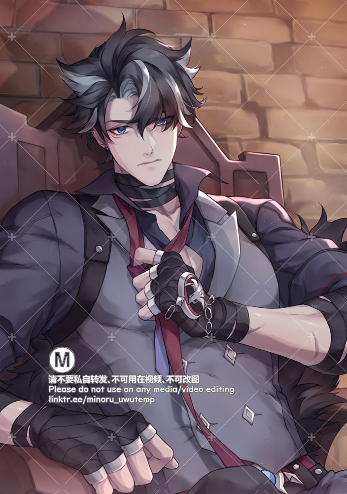 the image is a portrait of an anime male character with black and white hair, blue eyes, and a serious expression. he is wearing a dark outfit with gloves, and sitting on a chair with a tie around his neck. the background is a blurry, brick wall. the image is drawn in a soft, anime style with smooth lines and gentle shading.