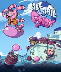 the image is a cartoonstyle promotional art for a game likely named "set sail for candy." it features a bright and colorful setting of a sunny day at sea. there's a ship filled with candy and three characters on it. a rabbitlike character riding a bubble appears to be leaving the ship with a barrel, possibly filled with valuables, while being connected to another character on the ship by a rope made of bubble gum. the ocean is filled with bubbles, some containing coins and candies.  the overall feel of the image is cheerful, adventurous, and playful.