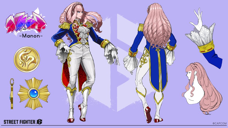 a character design sheet for manon, a new character in street fighter 6. she has pink hair and is wearing a blue and gold uniform with a white shirt and pants. there are different views of the character, including a front view, back view, a close up of her arm and a close up of her hair.  the sheet also features the character's emblem.