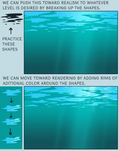 this is an illustration that shows a stepbystep tutorial on how to draw an underwater scene. it highlights how to achieve realism by breaking down shapes and adding color.  it is meant to be a visual guide for those wanting to improve their art skills.  the illustration shows a basic underwater scene with a few rippling waves, and how to add additional details to make it more realistic.