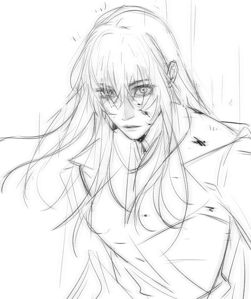 a black and white sketch of an anime girl. she has long white hair, with the hair covering most of her face, with the exception of the upper portion of her face, showing her expression. her eyes are wide and staring into the distance, with a look of determination. the girl's hair is messy and she has several scratches and scars on her face. she is wearing a jacket with a collar, and the drawing looks somewhat messy.