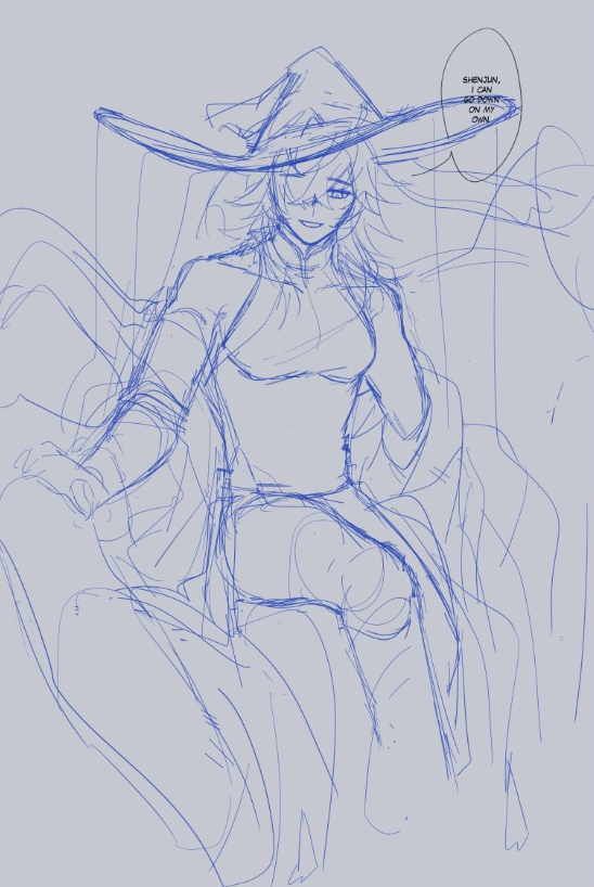 a blue line sketch of a witch with a wide brimmed hat sitting down with her legs crossed, with the words "shenjun, i can go down on my own" in a speech bubble above her head.