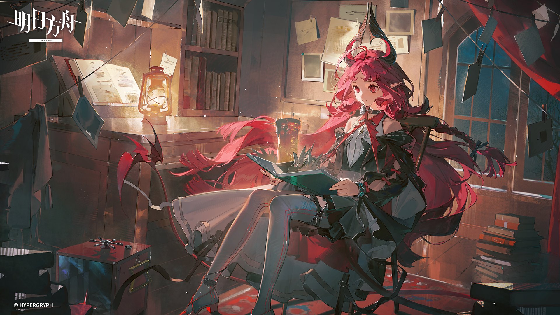 the image showcases a redhaired demon girl engrossed in a book within a cozy, dimly lit study. she is comfortably seated in a wooden chair, surrounded by towering bookshelves overflowing with literature. a vintage lantern casts a warm, inviting glow on the scene, highlighting the girl's delicate features and the intricate details of her attire. the overall ambiance is one of quiet tranquility and scholarly pursuit.