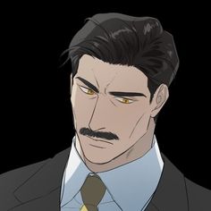 this is a closeup illustration of a man with slickedback dark hair and a neatly groomed mustache. he has striking amber eyes and a serious expression. the man is dressed in a  sharp suit and tie.  the background is solid black, drawing focus to the man's features and attire.