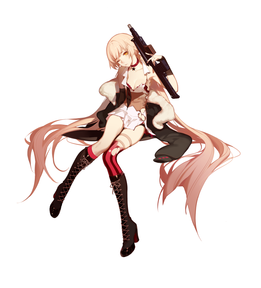 the image showcases a digital illustration of a young woman, likely an anime or video game character, set against a stark black background. she has long, flowing pink hair, striking red eyes, and is dressed in a somewhat revealing outfit consisting of a short white dress with red accents, black thighhigh boots, and long black gloves. she adopts a confident pose, seated casually while holding a large machine gun across her lap. the lighting is soft and evocative of a studio setup, while the slightly low angle adds a dynamic feel to the composition.