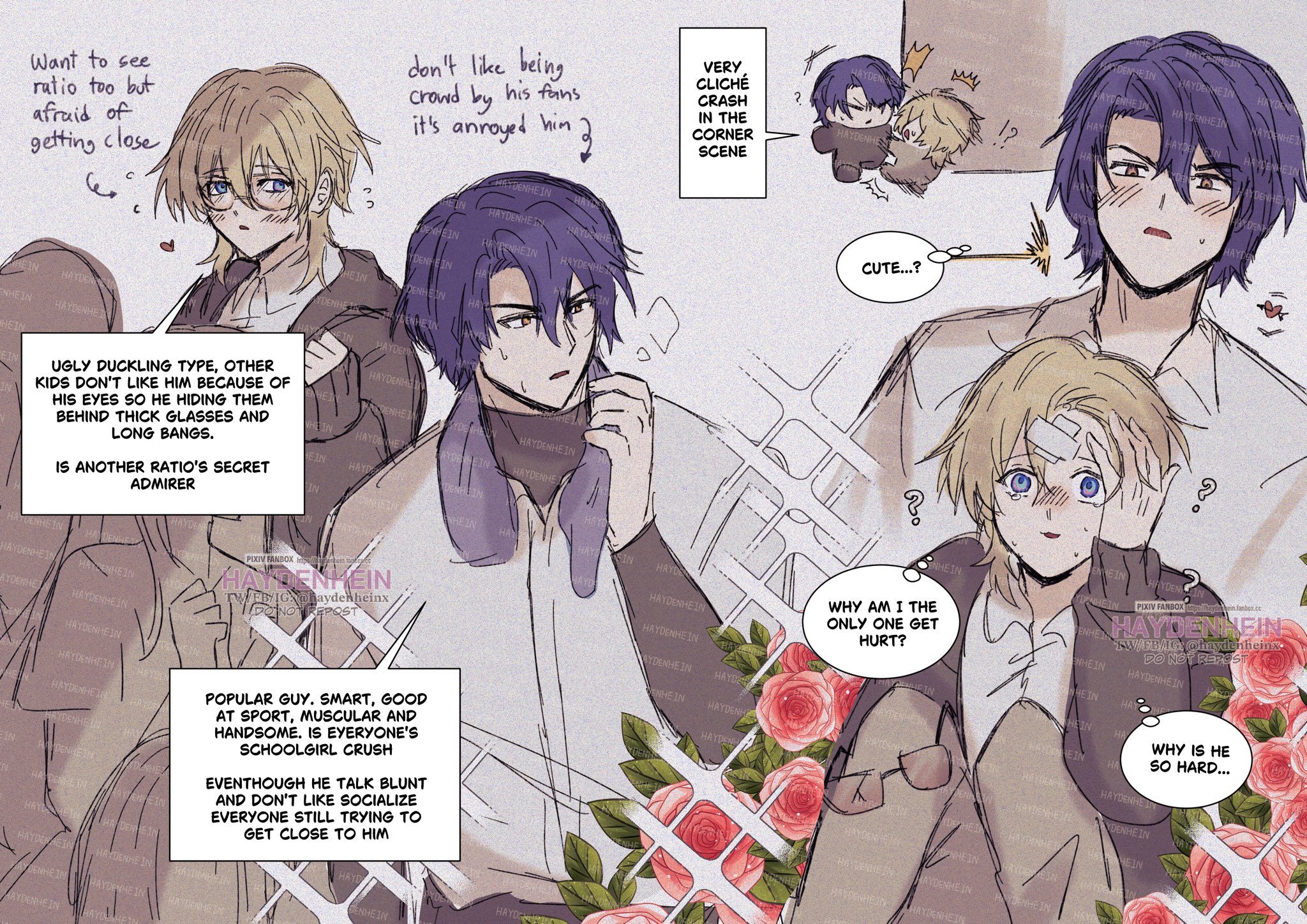 the image is of four anime boys.  two of the boys are drawn in a larger size than the other two.  the larger boy has a crush on the smaller