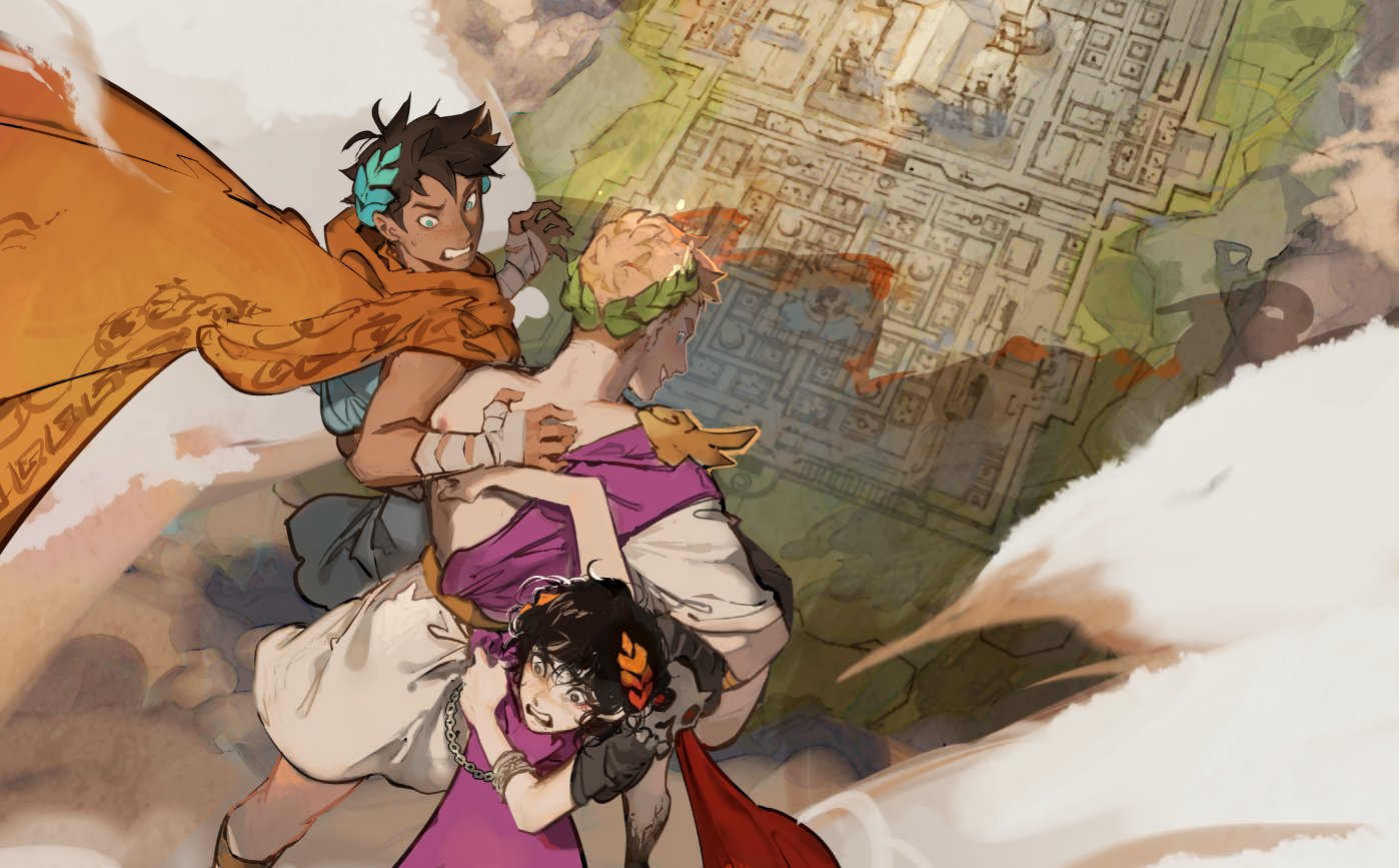 the image depicts three stylized cartoon characters in a dynamic composition, seemingly in motion against a backdrop featuring a city map overlaid with clouds. the character on the left has dark hair, wears a laurel wreath, and is draped in an orange scarf with greek key patterns. they appear to be holding onto the other two characters. the character in the center has blond hair and a laurel wreath, wearing a purpleandwhite garment with golden accents. the third character, positioned lower, has dark hair with a red laurel wreath, wearing a purple dress and silver chains. all characters have expressive faces and are drawn in a style reminiscent of anime or cartoons, possibly inspired by the video game "hades". the overall scene suggests a mythological or fantasy setting.