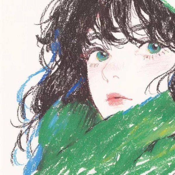 the image is a pastel drawing or illustration of a young woman's face and shoulders. she has long, dark hair that partially obscures her face.  she is wearing a voluminous green scarf or shawl. the style is reminiscent of anime or manga, with soft features and a slightly whimsical feel. the colors are soft and pastel, with the green of the scarf being particularly prominent. the drawing style is loose and expressive, with visible strokes of pastel. the overall mood is calm and serene.