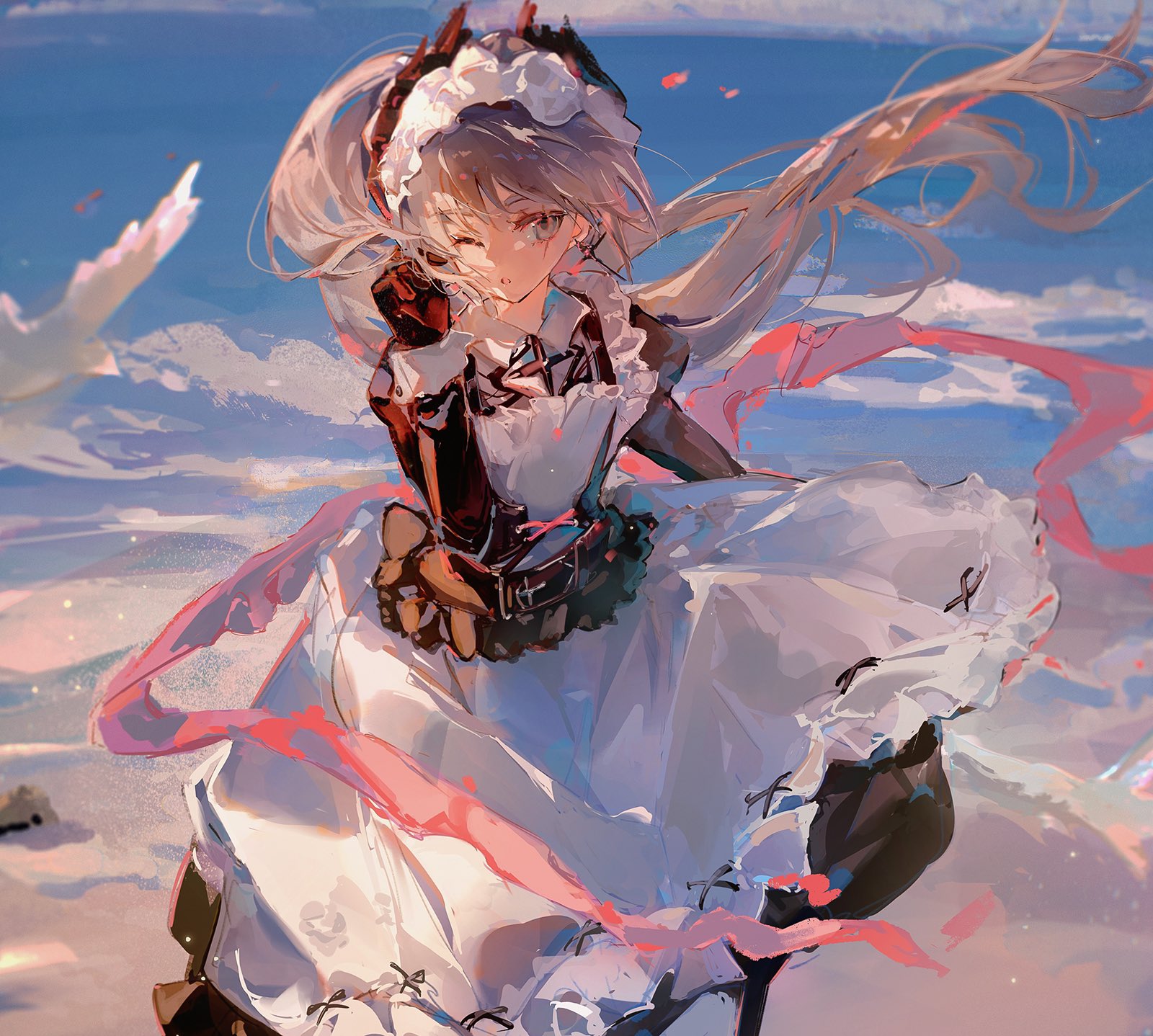 the image is a digital painting of an animestyle girl dressed in a white maid dress with pink ribbons. her long blonde hair is blowing in the wind, and she appears to be floating in the air above a cloudy landscape. the style is whimsical and painterly, with loose brushstrokes and a soft color palette. the girl has a happy expression, and she's winking at the viewer.