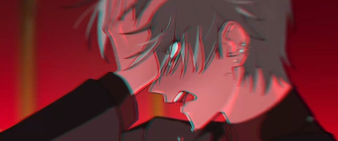 a digital illustration of an anime boy with white hair looking over his shoulder with his mouth open, holding his other hand over his head. the background is a gradient of red and orange.