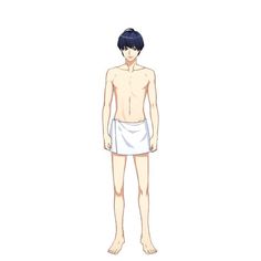 a cartoon drawing of a man with short black hair. he's shirtless and wearing a white towel around his waist. the background is completely white.