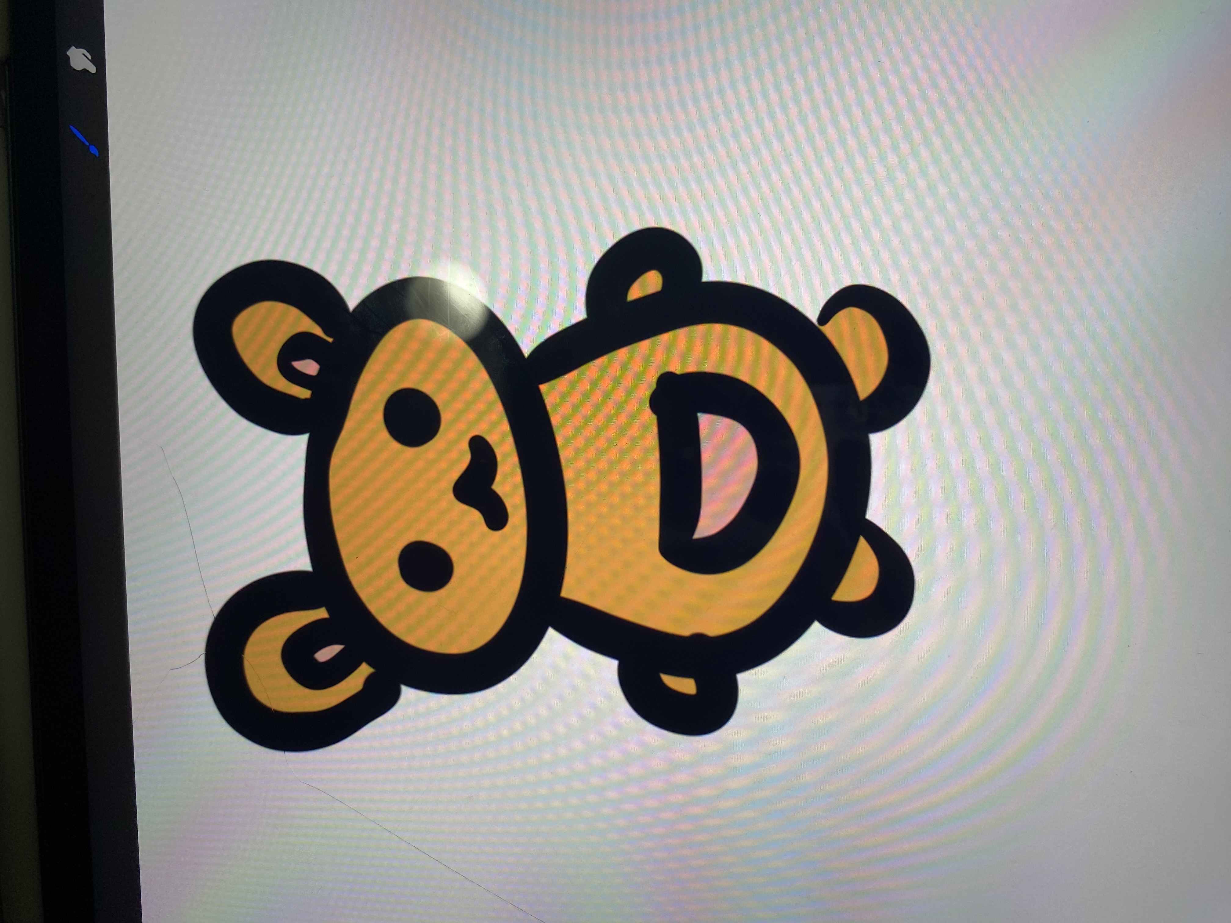the image shows a simple cartoon drawing of an orange teddy bear. the bear is drawn in a childlike style with thick black outlines and simple features. it has round ears, small eyes, a small mouth, and a small pink belly. the bear is standing on two legs and its body is round and plump. the background is a light offwhite with a faint pattern. the drawing appears to be digital art, possibly created on a tablet or computer.
